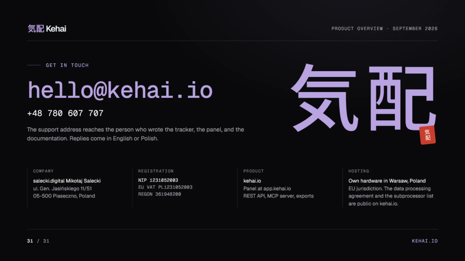 Page 31 of 31: Kehai, the company, and how to reach it