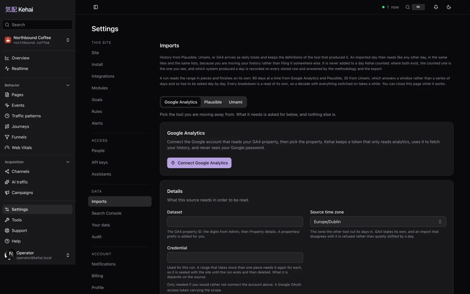 The Kehai history import settings